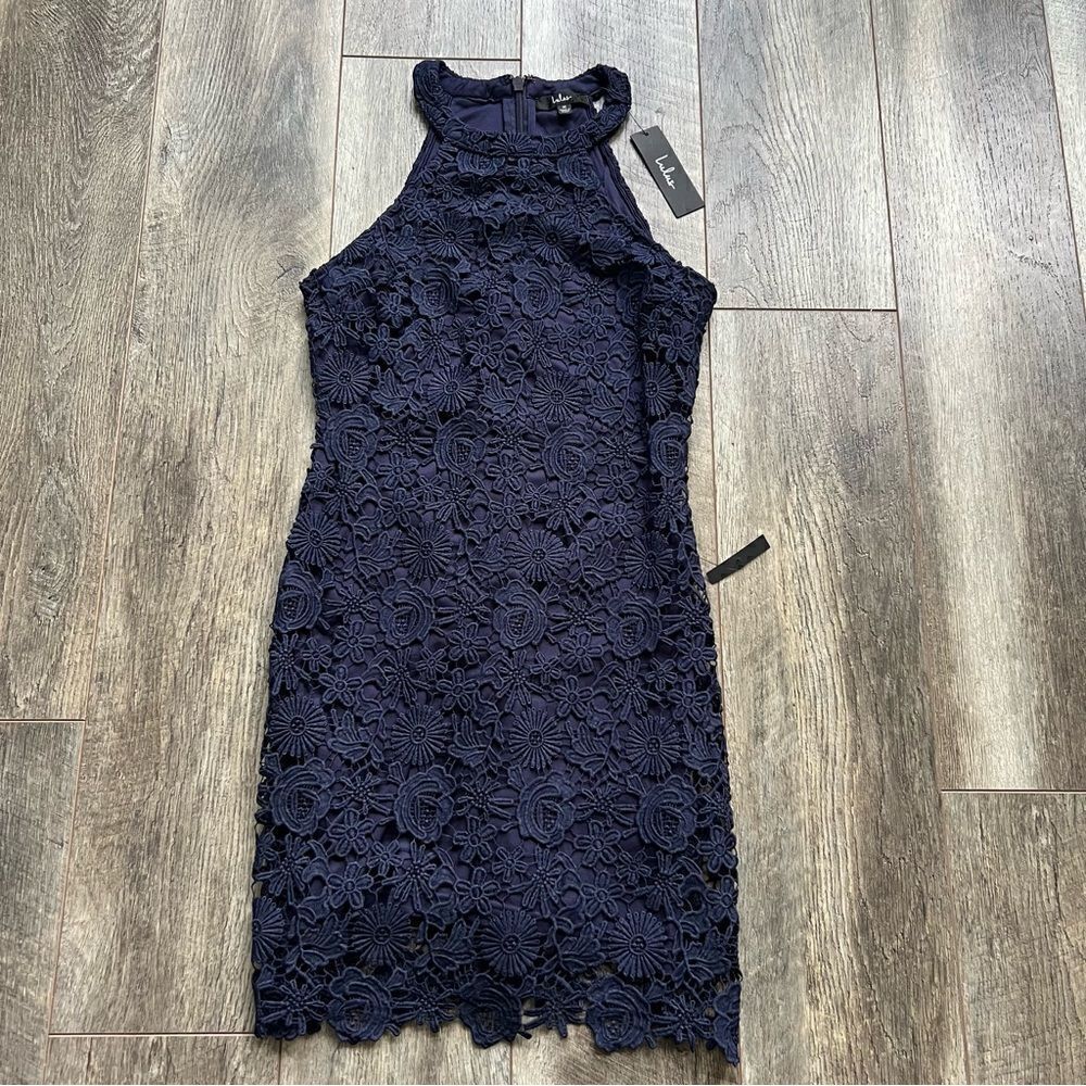 Lulu’s Love Poem NWT Navy Blue Lace Floral Mini Dress Size Medium - Picture 9 of 14